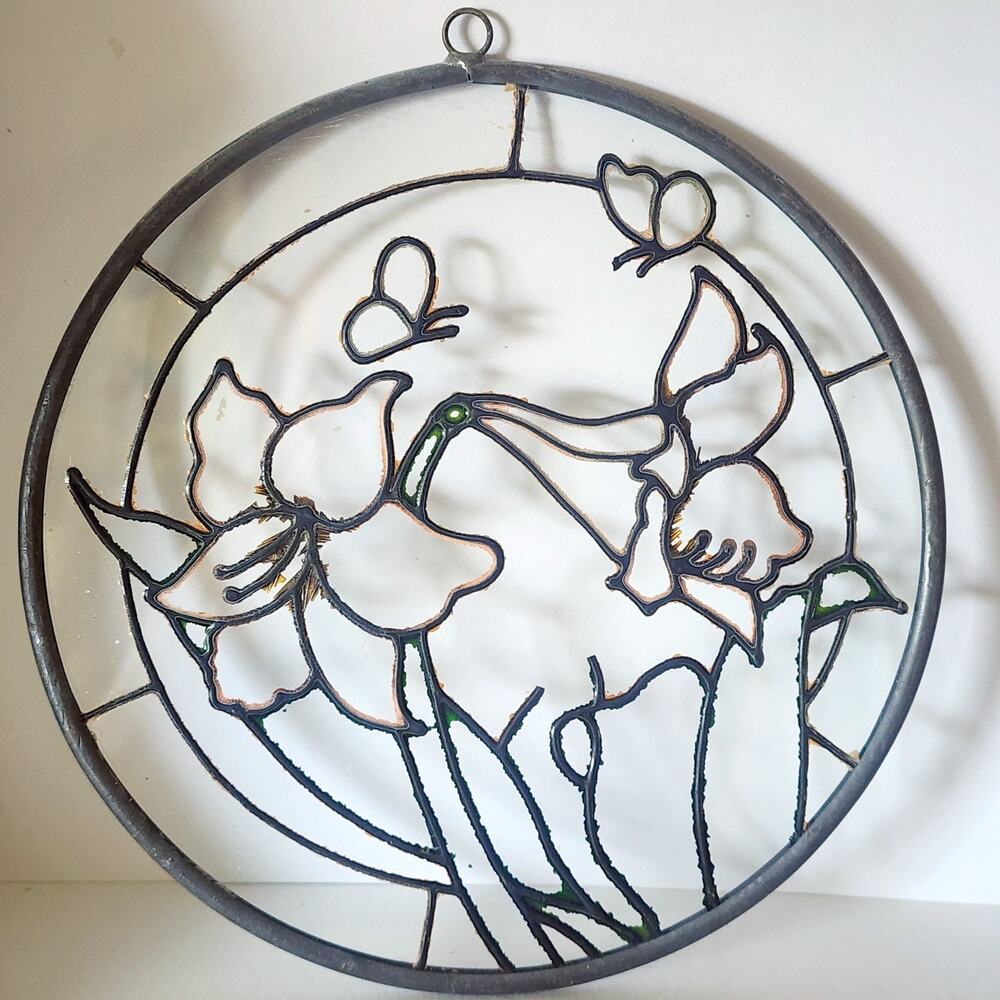 Stained Glass Suncatcher Clear Flowers & Butterflies 6 3/4” Round See Pictures